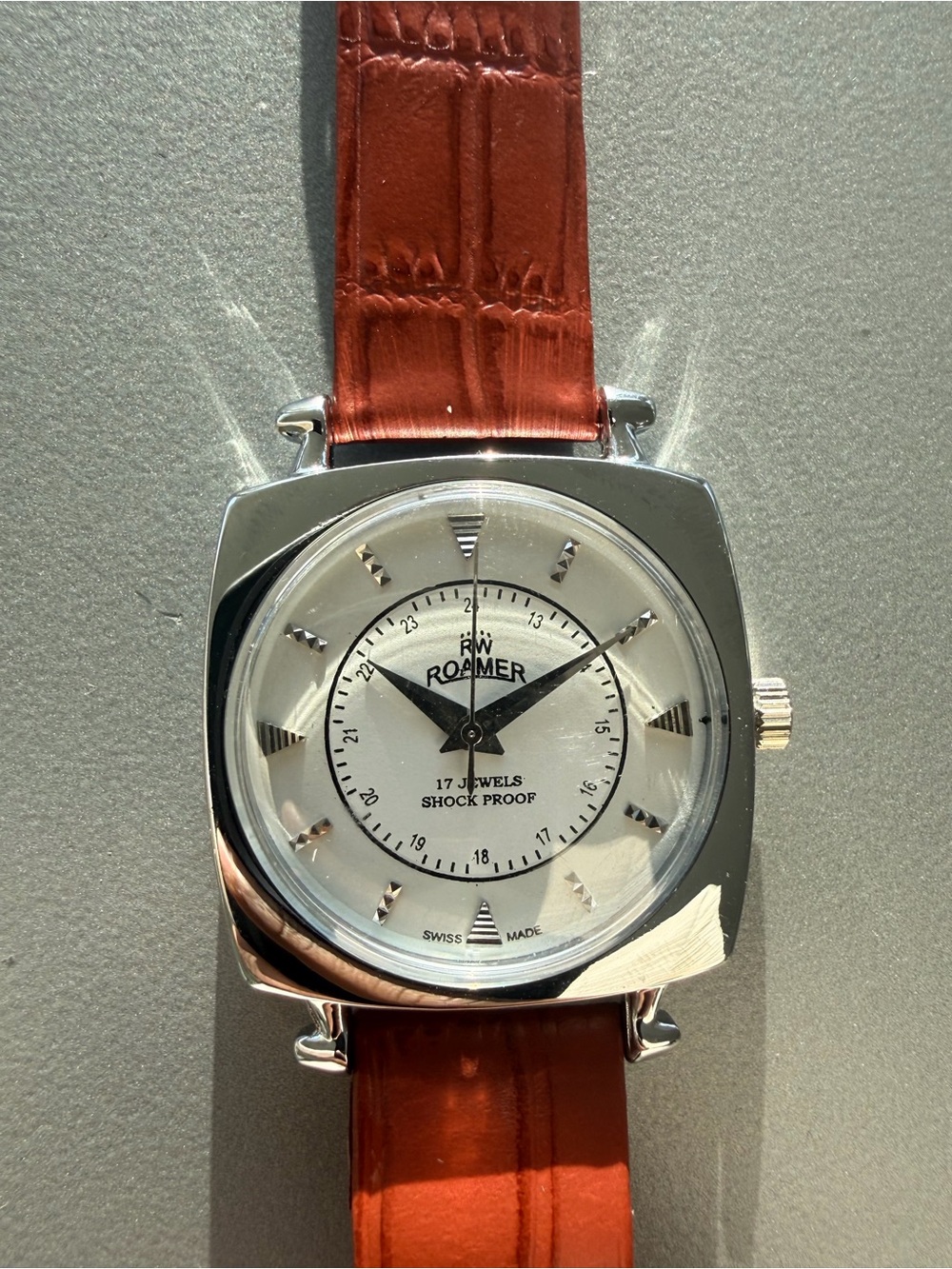Vintage Roamer Mechanical Watch White Dial Brown Strap